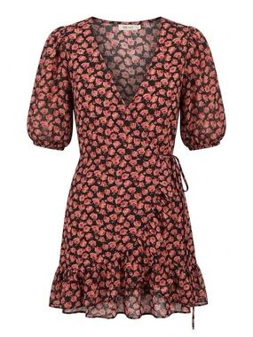 Floral Wrap Mini Dress in Black and Pink